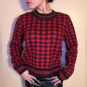 NWT Karl Lagerfeld Red and Black Checkered Tartan Plaid Shimmer Sweater